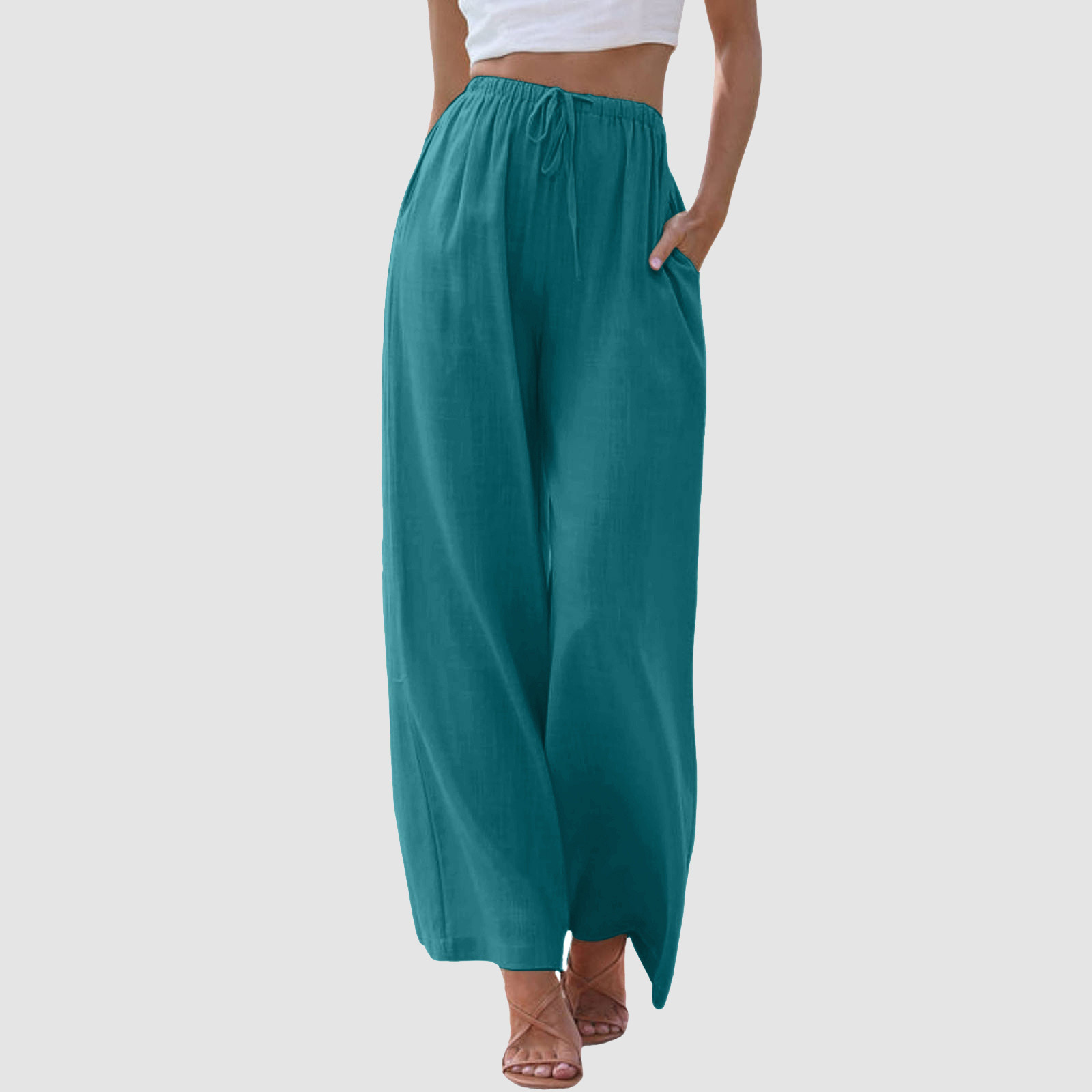 thumbnail image 2 of Pantalones de cintura alta y pierna ancha para mujer - Elástico con cordón, pierna recta cómoda, con bolsillos, 2 of 7
